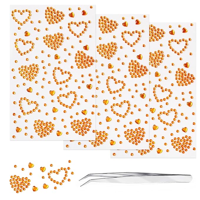 3 Sheets Face Gems Jewels Self Adhesive Orange Heart Rhinestone Stickers for Face Eyes Makeup Hair Body Stick on Rhinestones Stickers for Valentine Festival Decal Decor