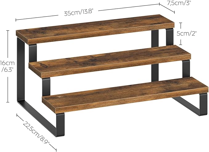 Spice Rack, 3 Tier Wooden Display Riser Stand, Kitchen Storage Organizer for Spices, Versatile Display Shelf, Space Saving, for Kitchen Countertop and Cabinet, Rustic Brown SR03L2BR