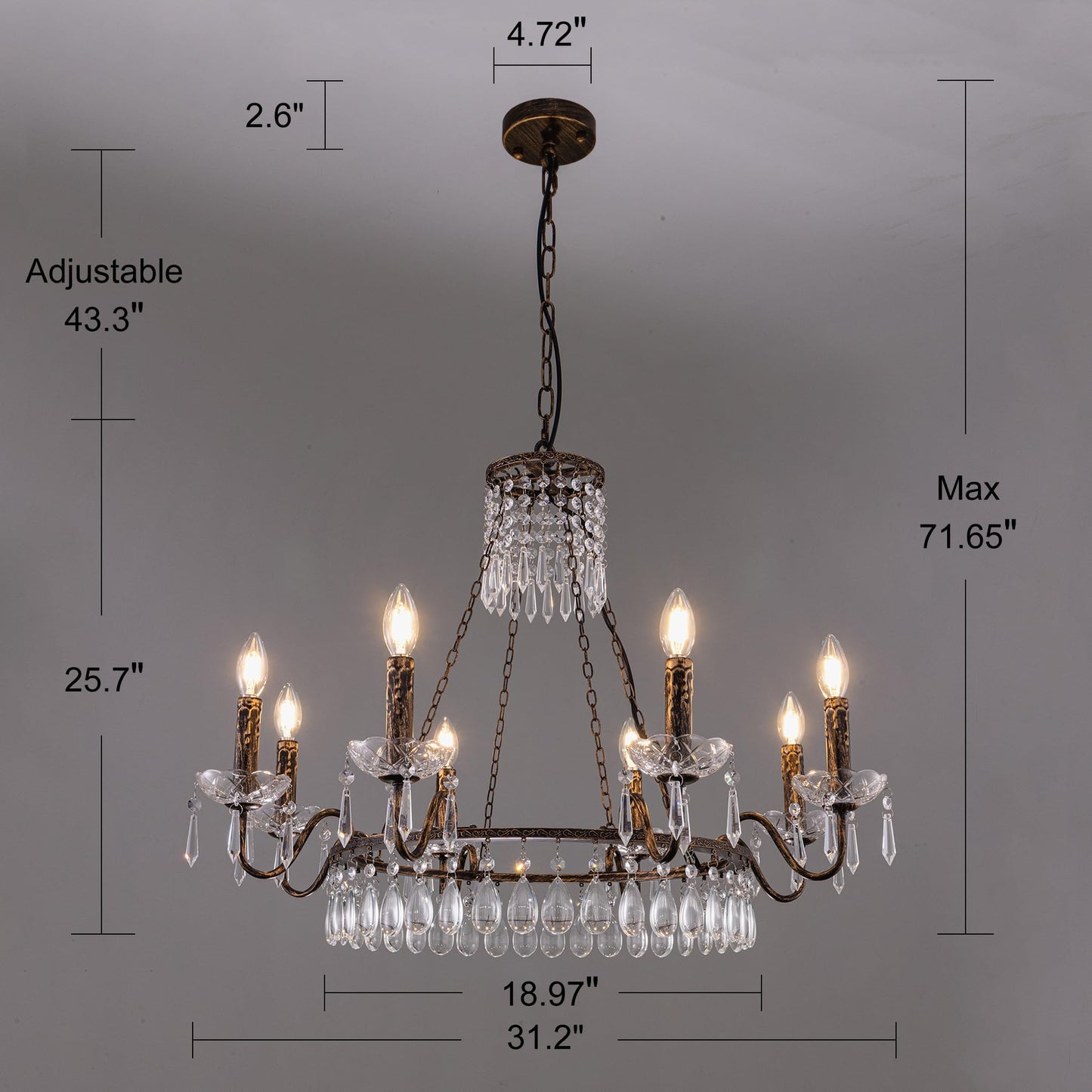 TOCHIC Crystal Chandelier, 8 Lights Farmhouse French Empire Pendant Chandeliers Lighting, Adjustable Antique Bronze Ceiling Light Fixture for Dining Room Living Room Bedroom Foyer Kitchen Island