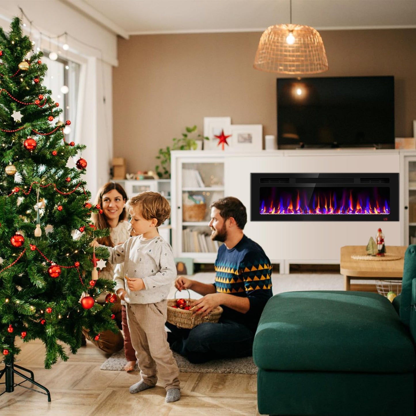 50 Inch Electric Fireplace Recessed and Wall Mounted, Fireplace Heater and Linear Fireplace, Ultra-Thin Electric Fireplace, Low Noise, with Timer, Remote Control, Adjustable 12 Flame Color, 750/1500W
