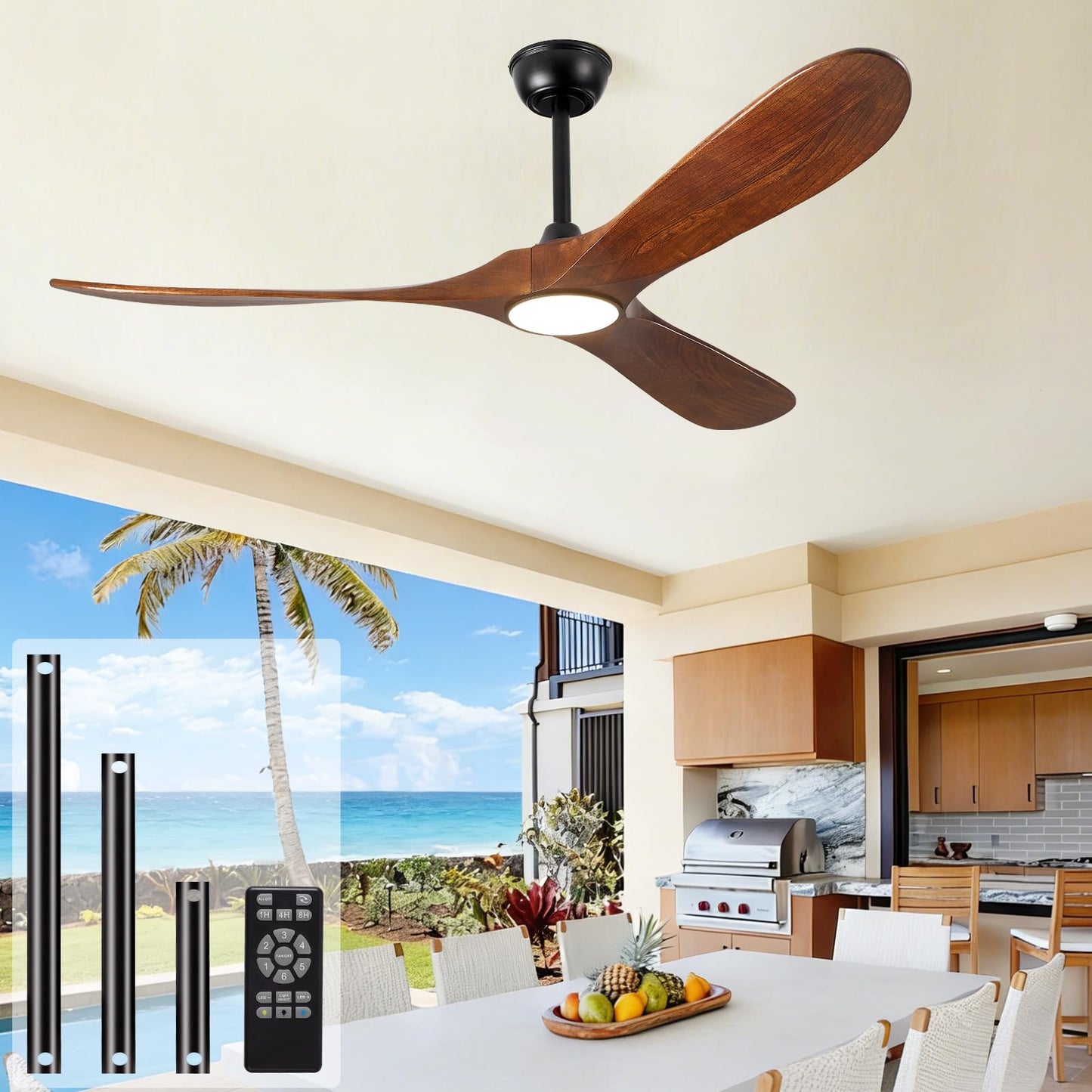 72" Ceiling Fan with Light and Remote, 6-Speed Dimmable Outdoor Ceiling Fan, High CFM Quiet 3 Blade Wood Ceiling Fan, Puoyro Modern Propeller Ceiling Fan for Outdoor Indoor Living Patio Porch (Walnut)
