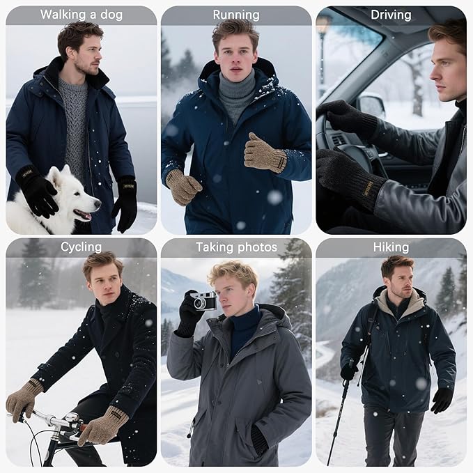 Winter Wool Gloves for Men Warm Knitted Touchscreen Cold Weather Gloves for Running Driving