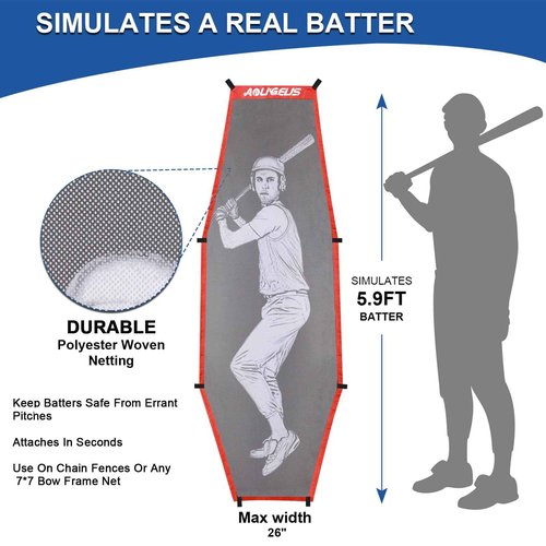 AOLIGEIJS 7'X7' Baseball Softball Practice Net with Tee, Bonus Strike Zone, Bow Frame - Red Net, Tee, Batter Dummy