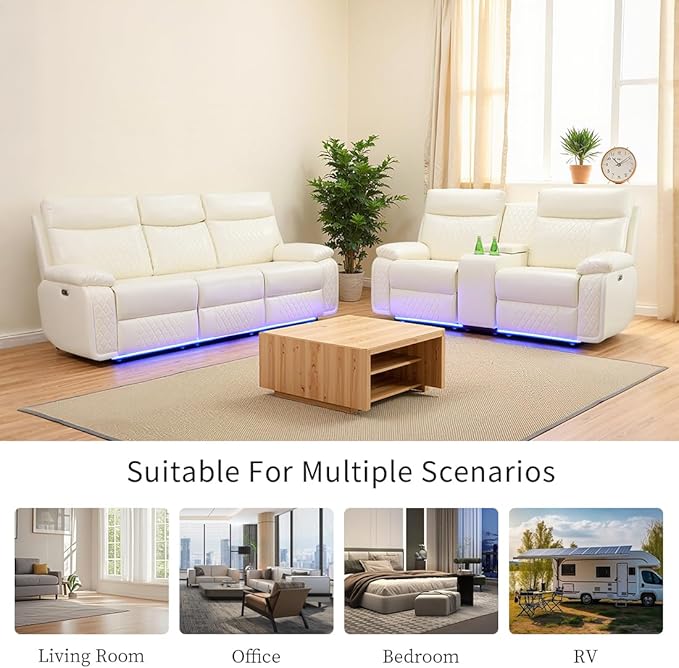 Toseslo 2 Piece Leather Sofa Sets,Power Recliner Sofa and Loveseat Set with LED Light,Living Room Furniture, Reclining Sofa with Cup Holders/Storage Console for House, Vanilla White