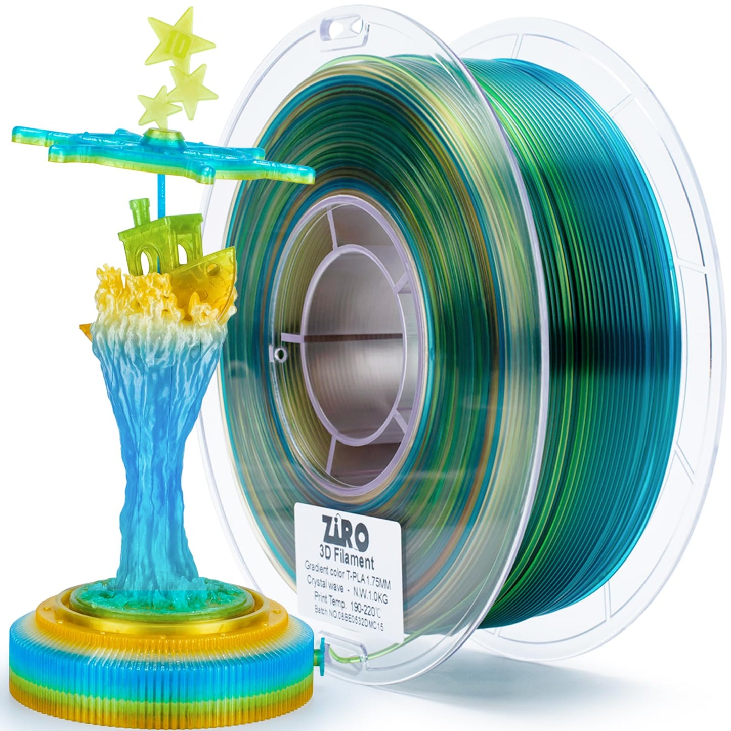 ZIRO Translucent Fast Color Changing PLA, Rainbow Multicolor Filament 1.75mm, 3D Printing Material, Semi-Transparent 2.2lbs Spoo