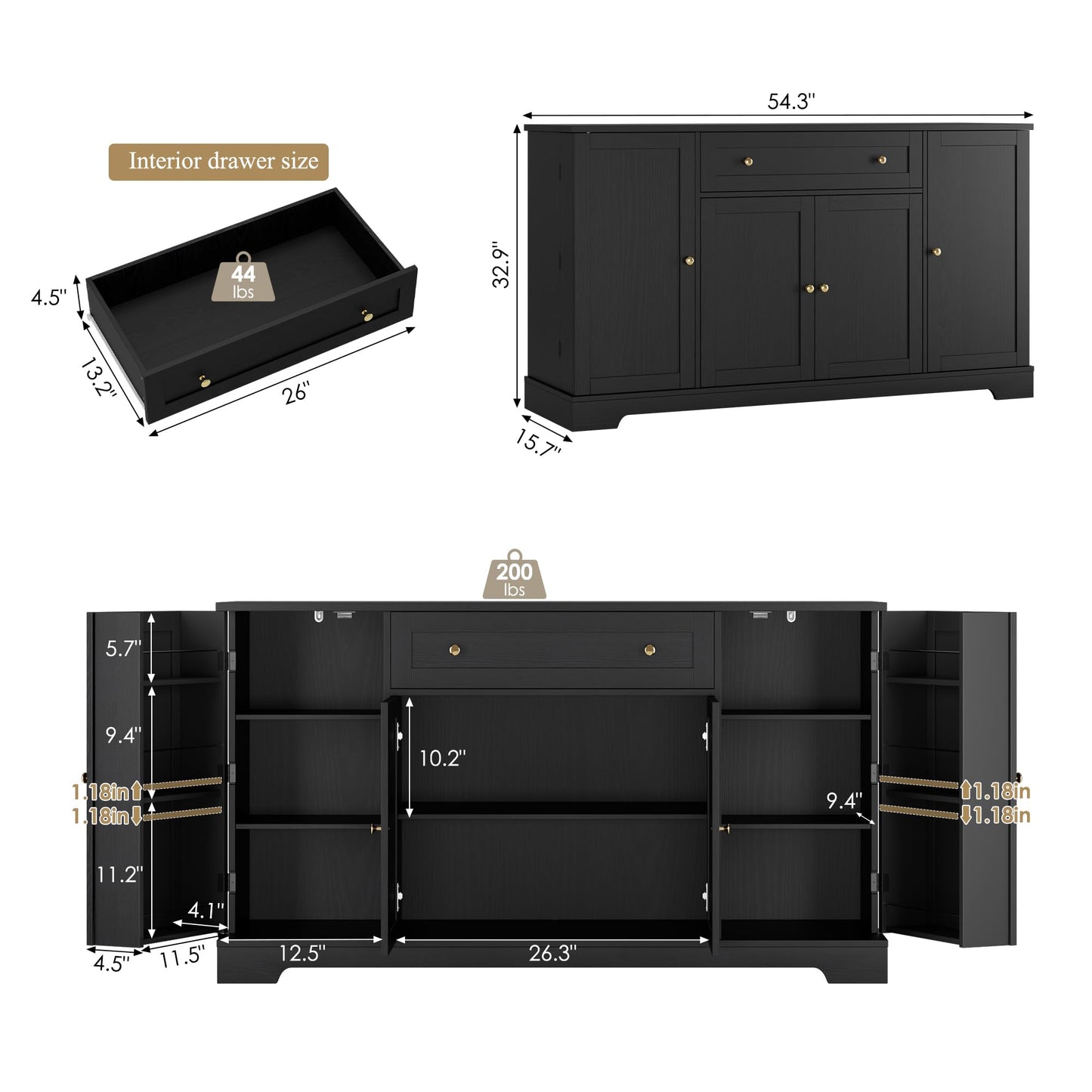 HITHOS 54" Buffet Cabinet with Storage, Modern Kitchen Buffet Sideboard with Drawer, Wood Coffee Bar with Adjustable Shelves, Kitchen Storage Cabinet for Living Room, Black