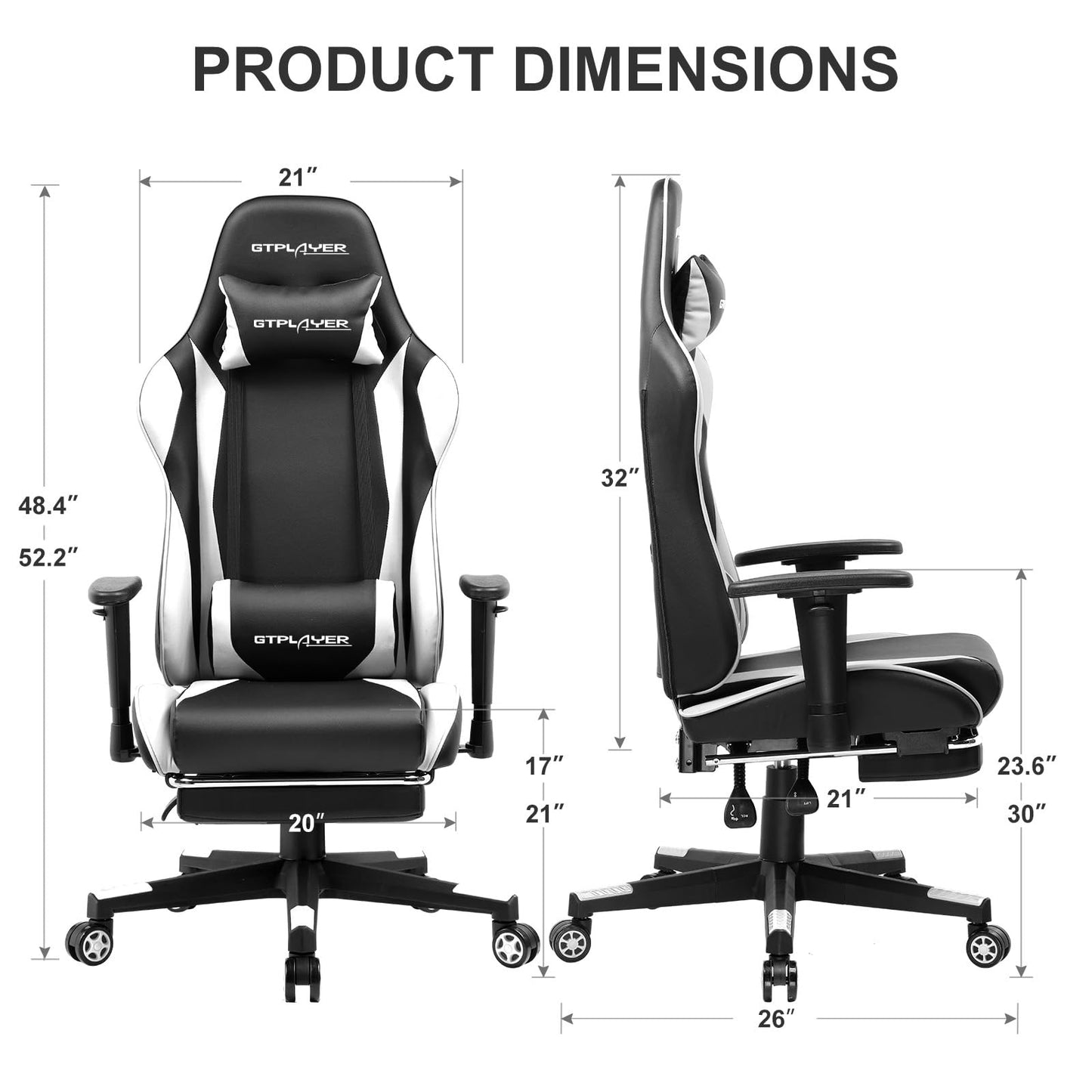 GTPLAYER Gaming Chair with Footrest, Ergonomic Computer Game Desk Chair, Reclining Game Chair Seat Height Adjustment, Swivel Rocker with Headrest and Lumbar (White)
