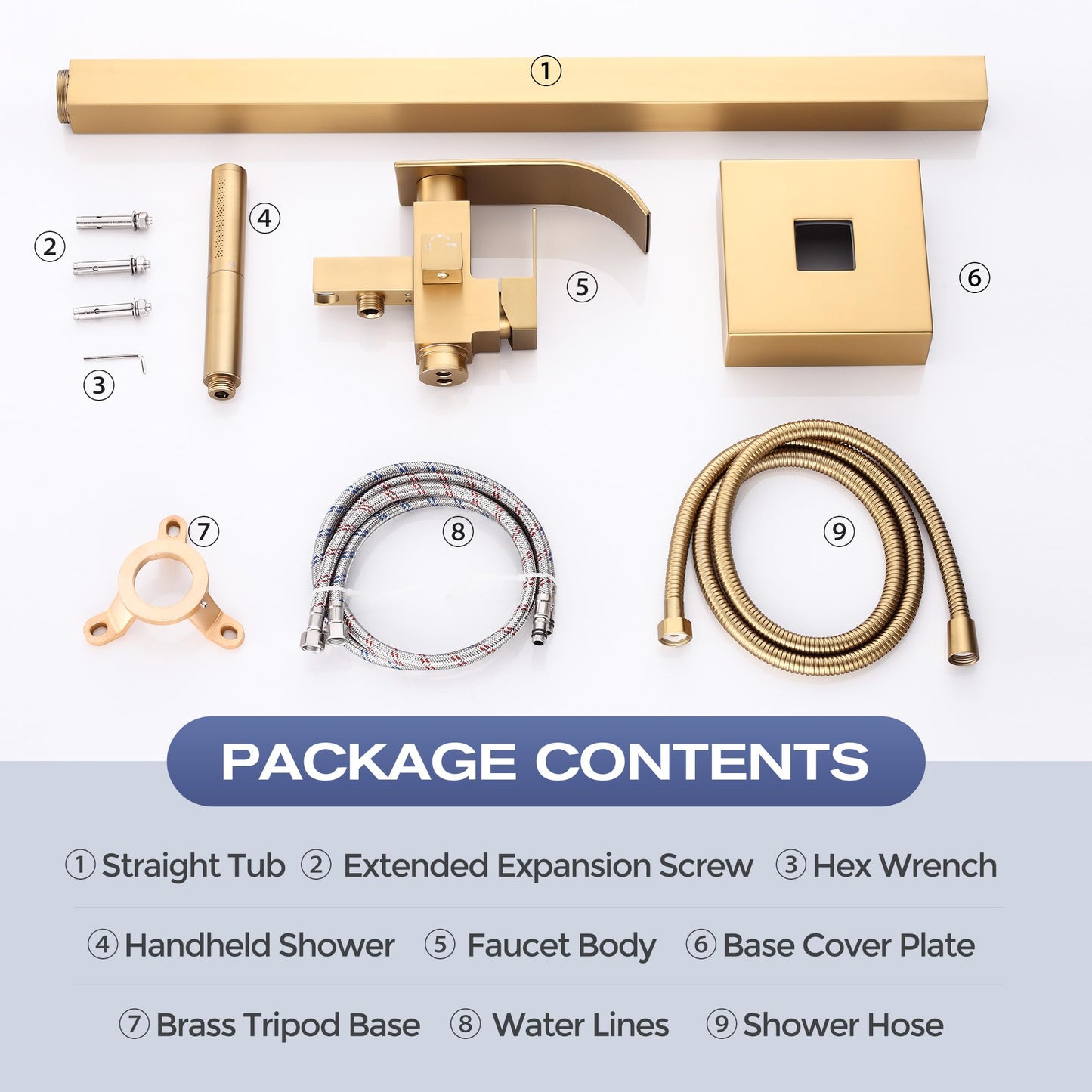 ALGRTS Waterfall Freestanding Bathtub Faucet, Floor Mount Bathroom Tub Filler Shower Faucets with Handheld Sprayer, Brushed Gold