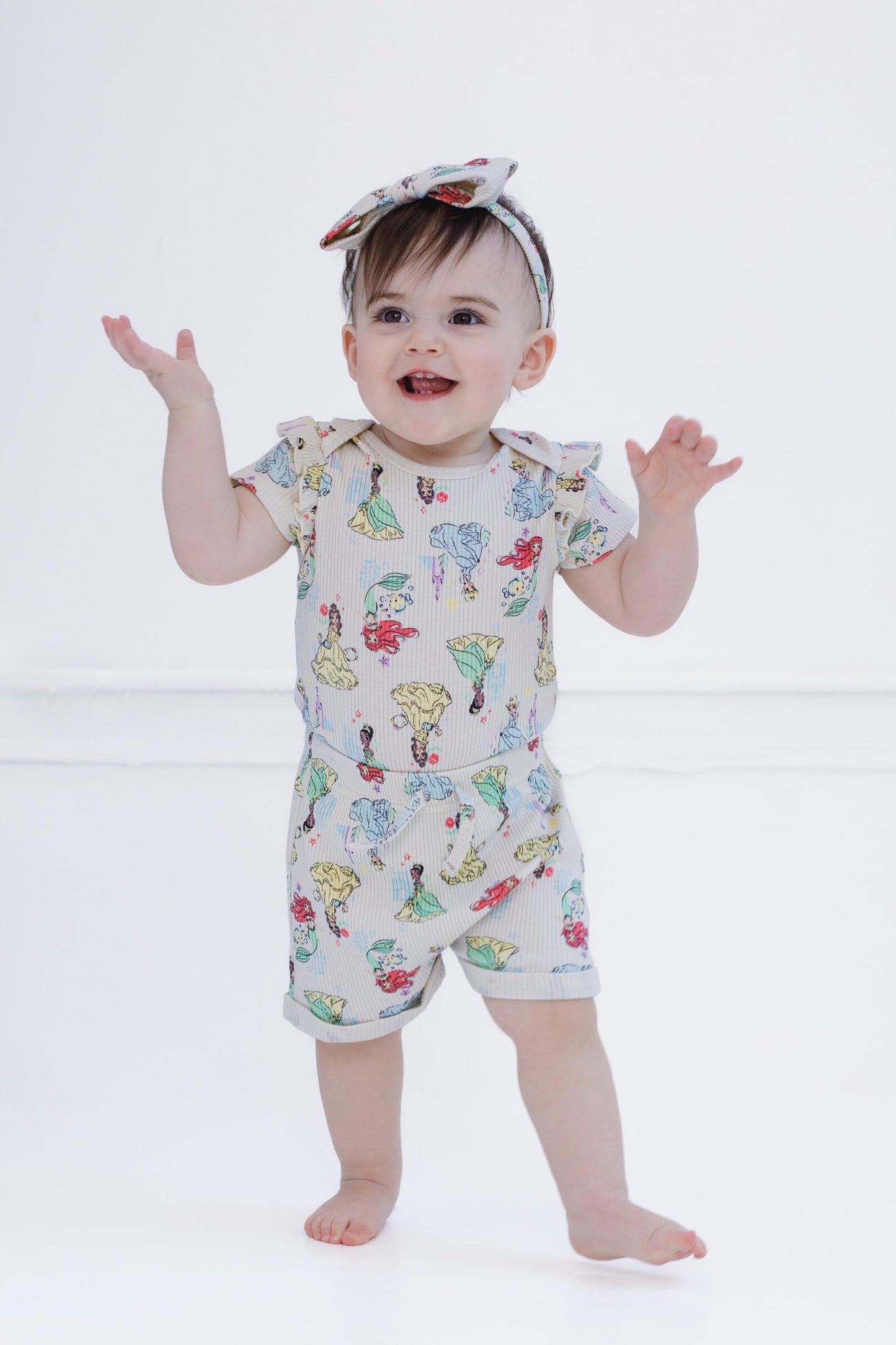 Disney Princess Newborn Baby Girls Ribbed Bodysuit, Shorts and Headband 3 Piece Outfit Set Beige Princesses 6-9 Months