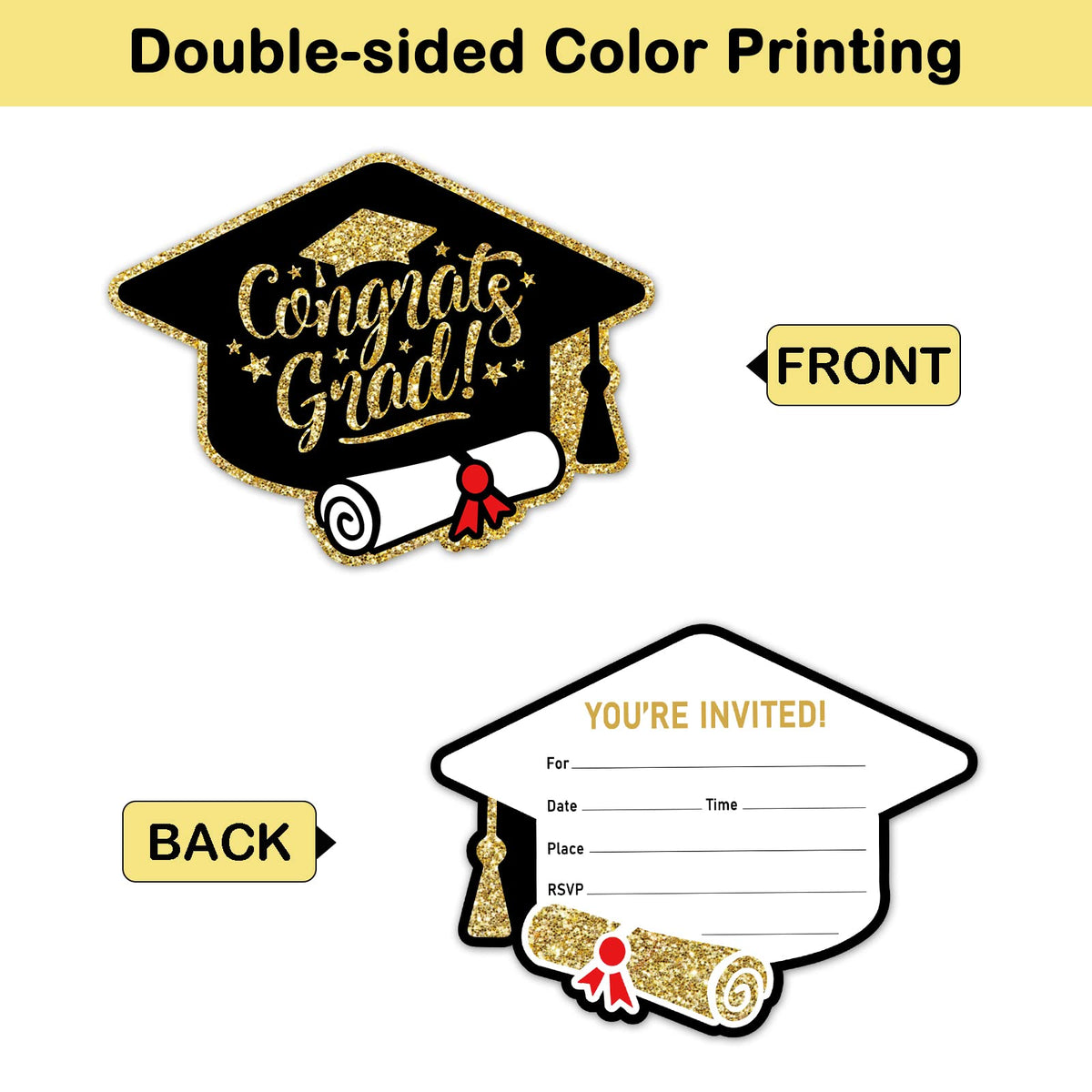 REWIDPARTY Graduation Hat and Diploma Shaped Fill-in Invitations with Envelopes & Stickers(Set of 15) Black Gold Graduation Invites Cards Grad Celebration Party Supplies for High School or College