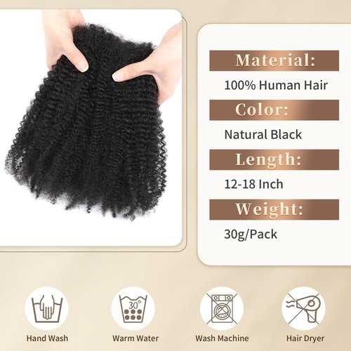 Afro Kinkys Bulk Human Hair for Mini Twist, Braiding, Loc Repair, Kinky Curly Hair, Natural Afro Bulk for Dreadlocks 3 Packs 90 Gram Natural Black Color(1B, 18 Inch)
