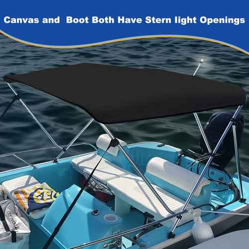 3 Bow Bimini Top Replacement Canvas for Boat with Light Hole and Storage Boot, Easy Install Zipper Sleeves, Heavy Duty Waterproof, 900D Marine Sun Shade Boat Canopy Without Frame, 6'L 61"-66" W Black