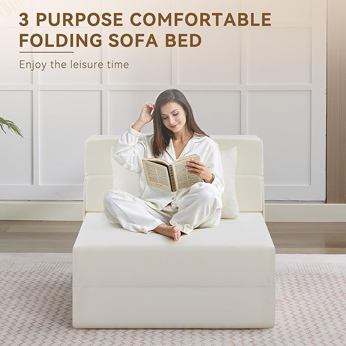 WUTUTUEE Folding Sofa Bed Convertible Floor Couch Foldable Chair Bed with Pillow,Linen Sleeper Chair Futon,Foldable Memory Foam Mattress for Bedroom/Living Room/Dorm/Office (Beige, Single)