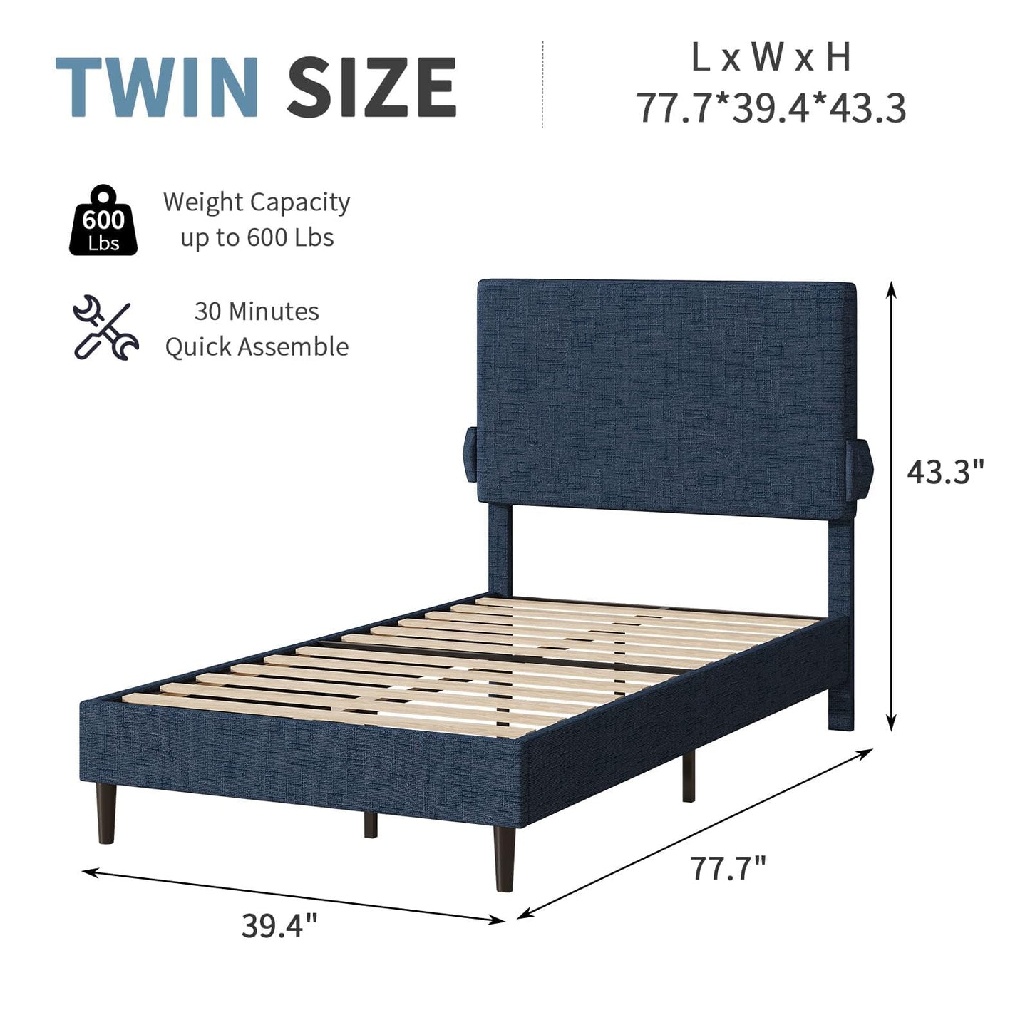 Twin Bed Frame with Headboard, Chenille Fabric Upholstered Platform Bed with Strong Wooden Slats, Kids Twin Bed Frame, No Box Spring Needed, Noise Free, Easy Assembly, Blue