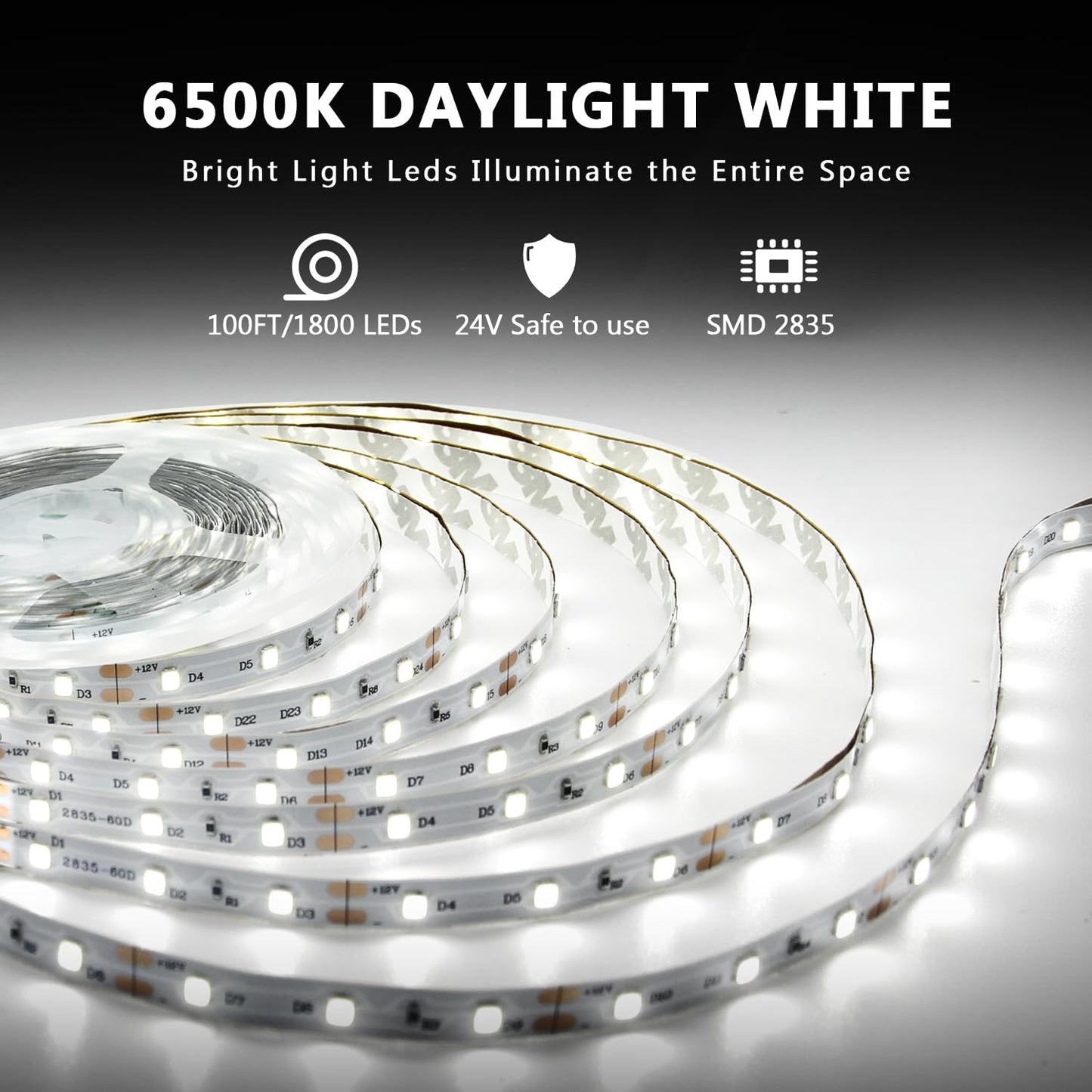 dalattin White LED Strip Lights 100ft, Dimmable Bright 24V Led Light Strip 6500K Daylight White 1800 LEDs Lights for Bedroom, Mirror, Kitchen, Strong Adhesive, 2 roll of 50ft