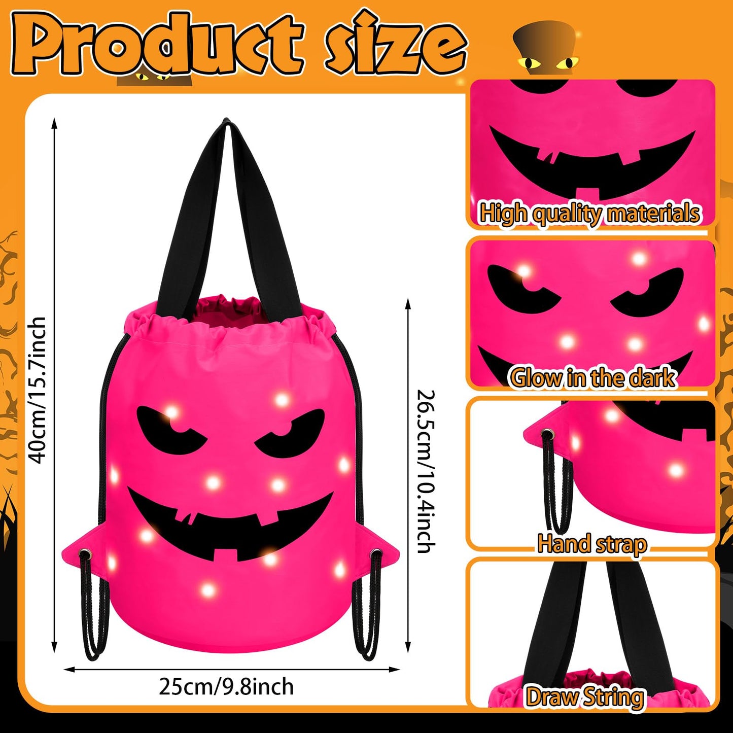 Talltalk 3 Pcs Halloween Light up Bucket LED Treat Drawstring Bags Multipurpose Reusable Pumpkin Candy Goodies Bucket for Kids Halloween Supplies Favors(Pink)