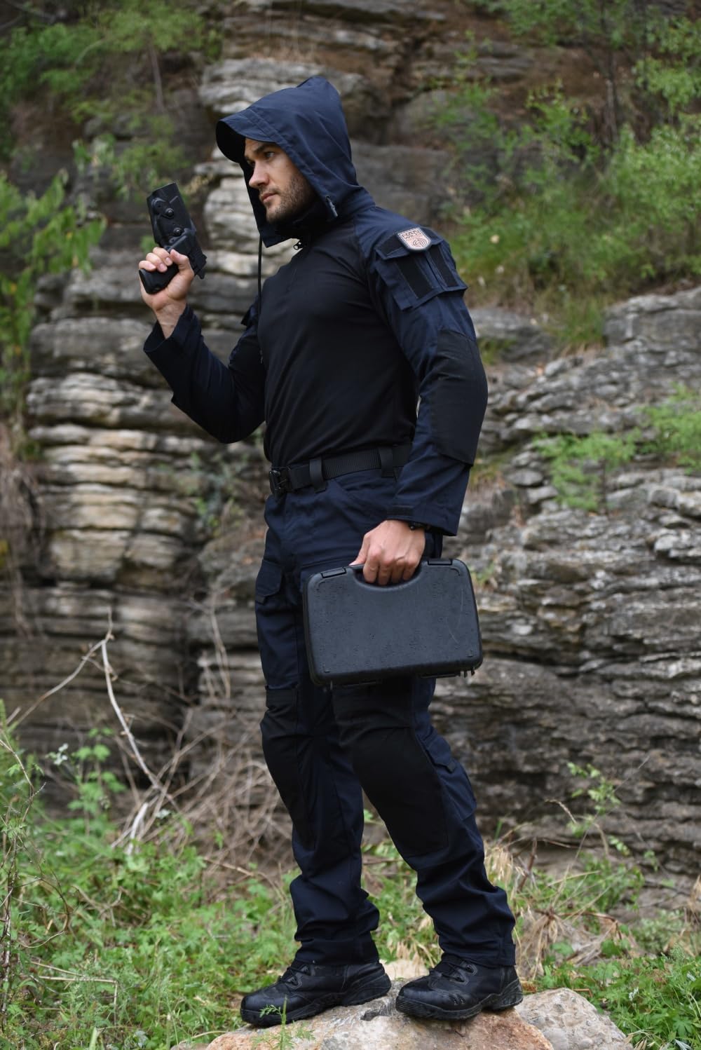 Men's Tactical Shirt, 1/4 Zip Long Sleeve Combat Shirt with Elow Pads, Tactical Hoodie with Pockets Blue