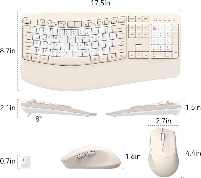 Ergonomic Wireless Keyboard and Mouse Combo, Wave Keys Keyboard with Wrist Rest for Natural Typing, 3 DPI Adjustable Ergonomic Silent Mouse for Computer/Laptop/Windows/Mac (Latte Color-B)