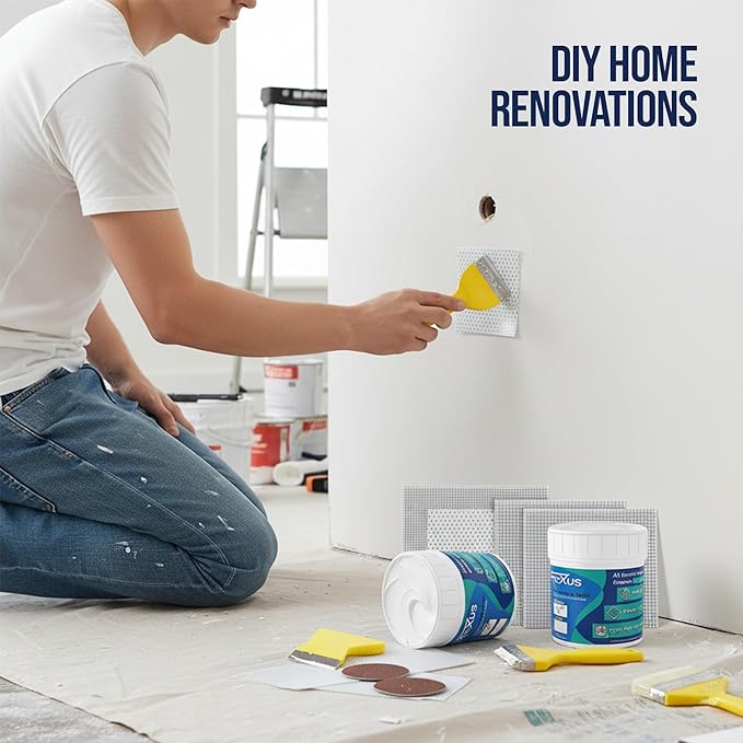 Drywall Repair Kit – 2×240g Putty Jars with 2×2″ & 4×4″ Wall Patch Mesh, Small & Large Scrapers & 2 x P180 Sandpapers | Quick-Dry Spackle & Sheetrock Crack Filler for Wall, Ceiling & Plaster Repair