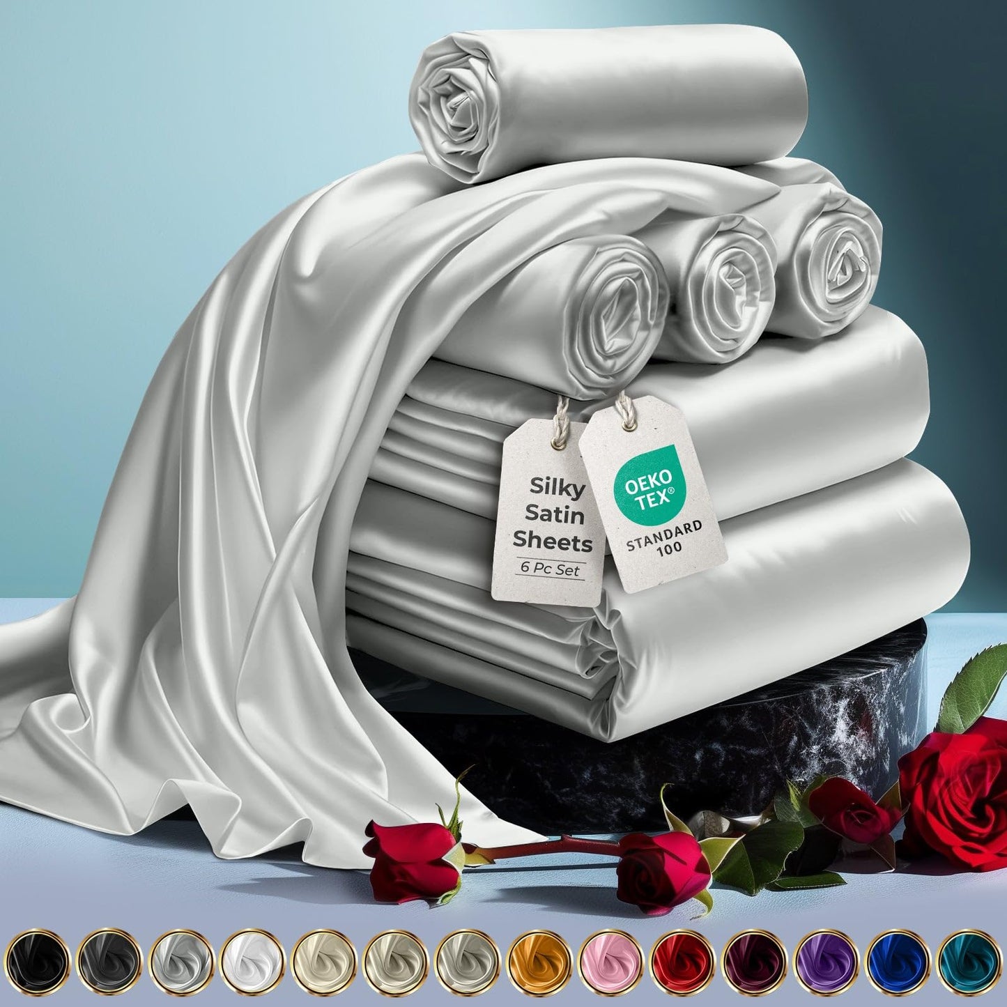 DECOLURE Satin Bed Sheets - 6 Piece Luxury Silky Queen Size Bedding Set - Softer Than Silk, Wrinkle-Free with 15” Deep Pocket Fitted Sheet, Perfect for Hair & Skin, Gifts for Women (Grey)
