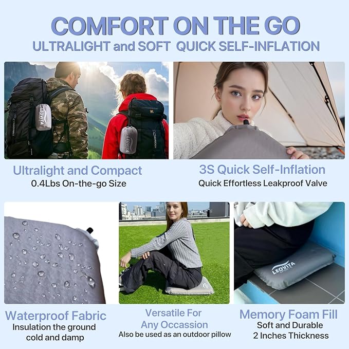 LEOVITA Inflatable Seat Cushion Lightweight Self-Inflating Memory Foam Cushion for Stadium Camping Bleachers Airplane Travel Waterproof Portable Blow Up,Gray