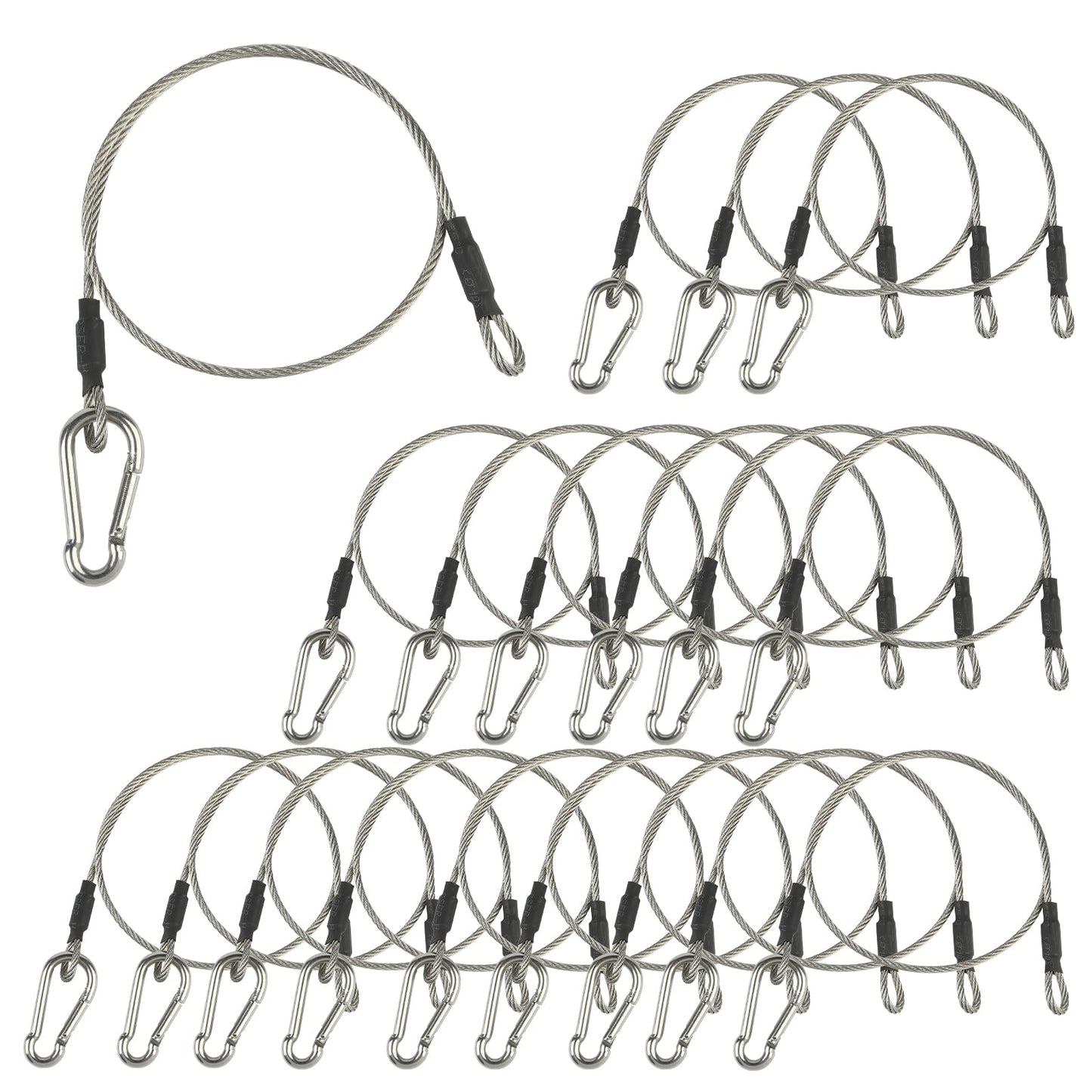 LAICCUM 1/8 Stage Light Cables 20 Pack, 2ft Safety Cables with Carabiner Lock for DJ Light Equipments, Stainless Steel Wire Rope