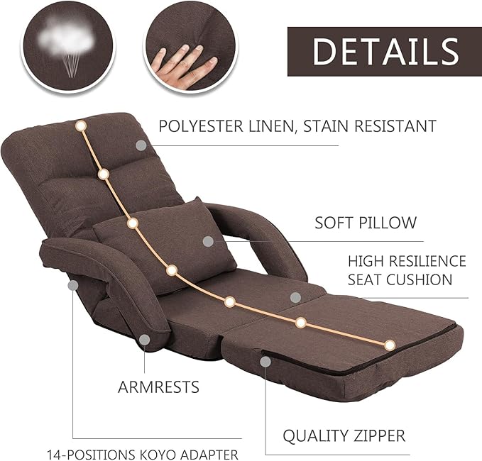 DeeLyan Indoor Floor Chair with Armrest and Pillow Folding Chaise Lounge Sofa 14-Position Adjustable Comfy Gaming Recliner Chair Padded Seats for Adults(Brown)