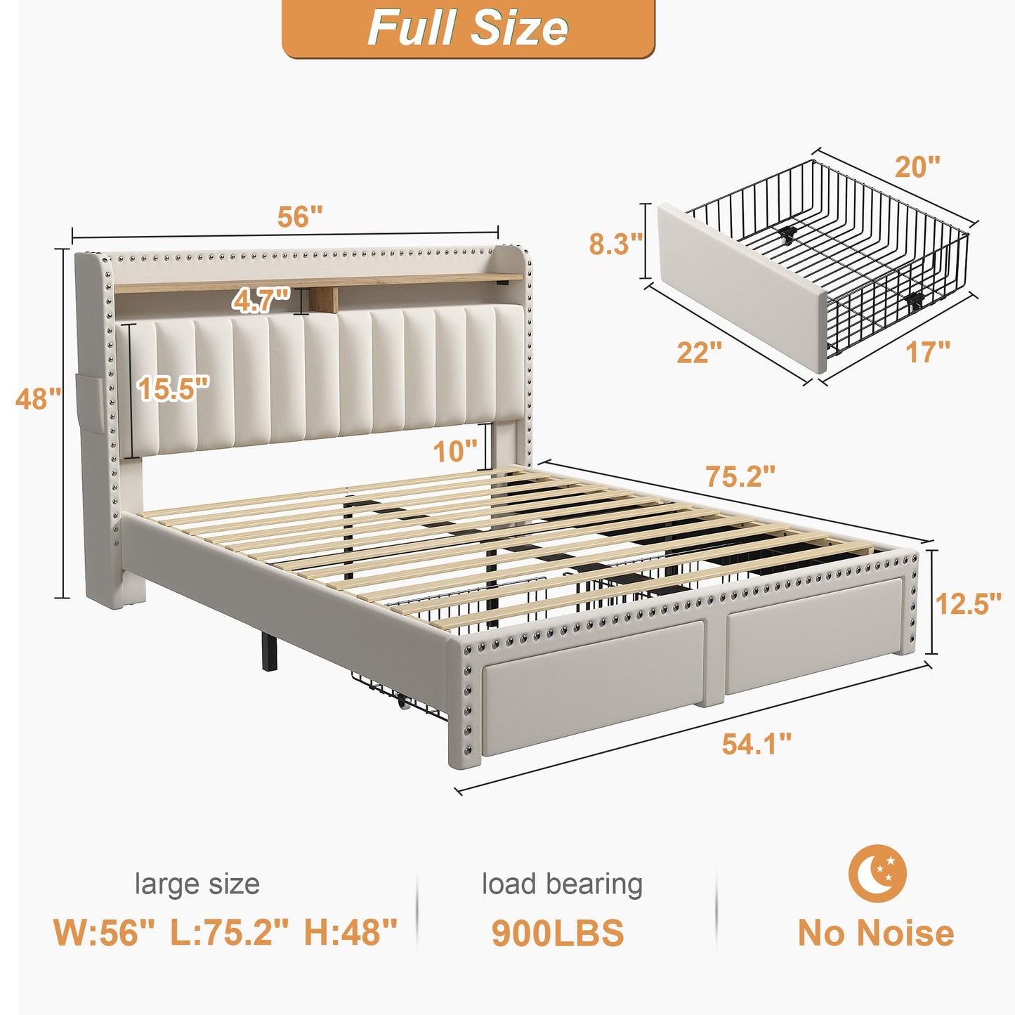 EnHomee Full Size Bed Frame with 2-Tier Storage Headboard, Upholstered Platform Bed Frame with 2 Storage Drawers, Sturdy Wooden Slats Support, Noise-Free, No Box Spring Needed, Beige