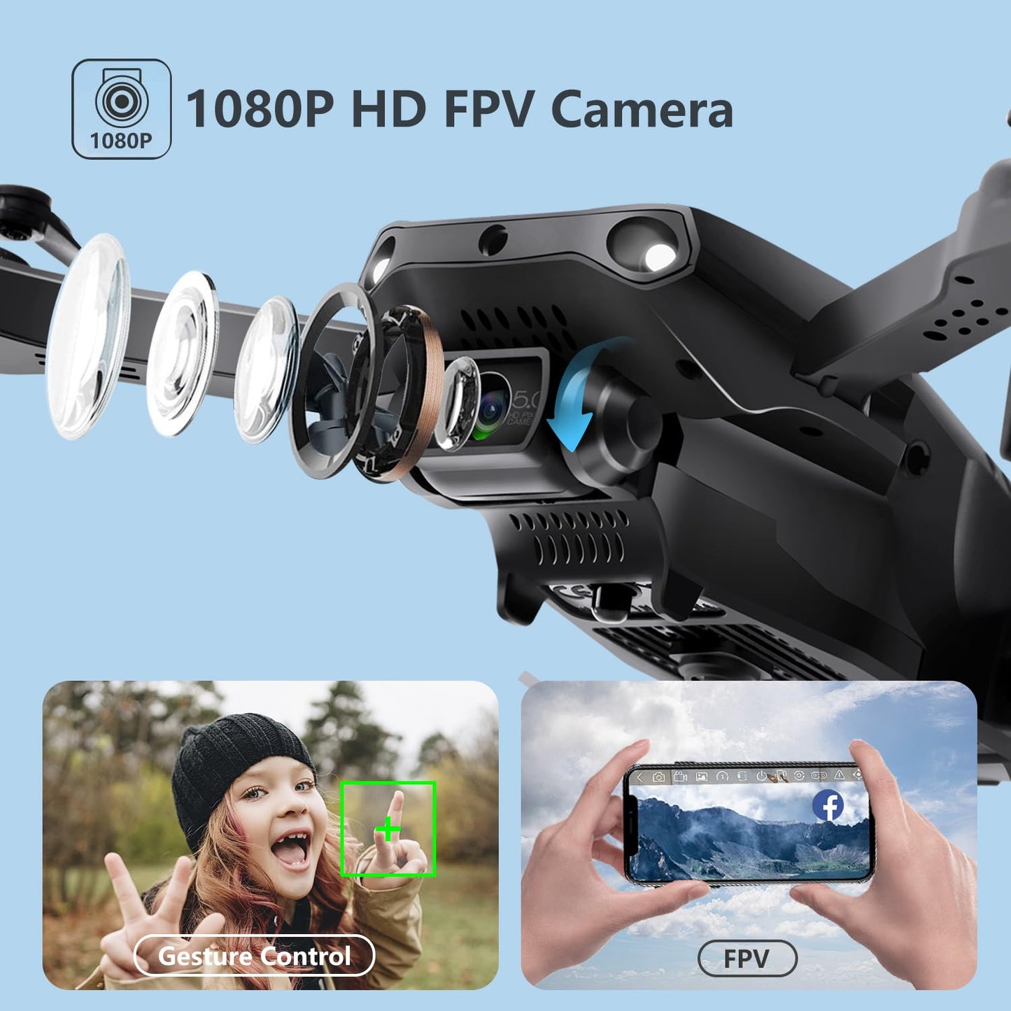 Jiakora Mini Drone for Kids with 1080P HD FPV Camera,Foldable Remote Control Quadcopter Toys with App FPV Video,Altitude Hold, Gravity Control, 2 Batteries,Gifts for Boys Girls,Black