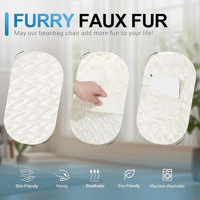 HABUTWAY 6FT Bean Bag Chair,Giant Bean Bag Chairs for Adults,Big Bean Bags with Memory Foam Filled, Large Beanbag Chairs with Chevron Plush Cover-White