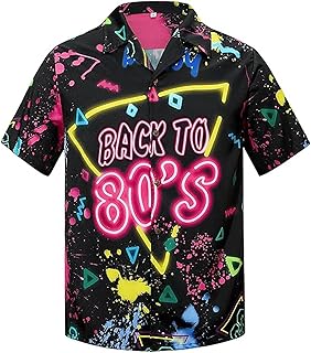 Zando 90s 80s Outfit for Men - Funny Retro Short Sleeve Button Down Hawaiian Shirt for Disco & Themed Party & Beach