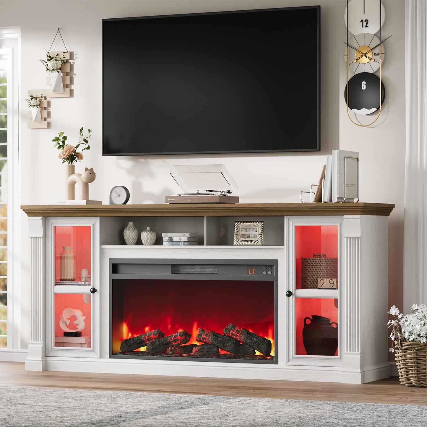Farmhouse Fireplace TV Stand Up to 80" TVs, 70" Modern Highboy Entertainment Center with 36" Electric Fireplace & LED Lights, Media Console with Adjustable Shelves for Living Room, Antique White