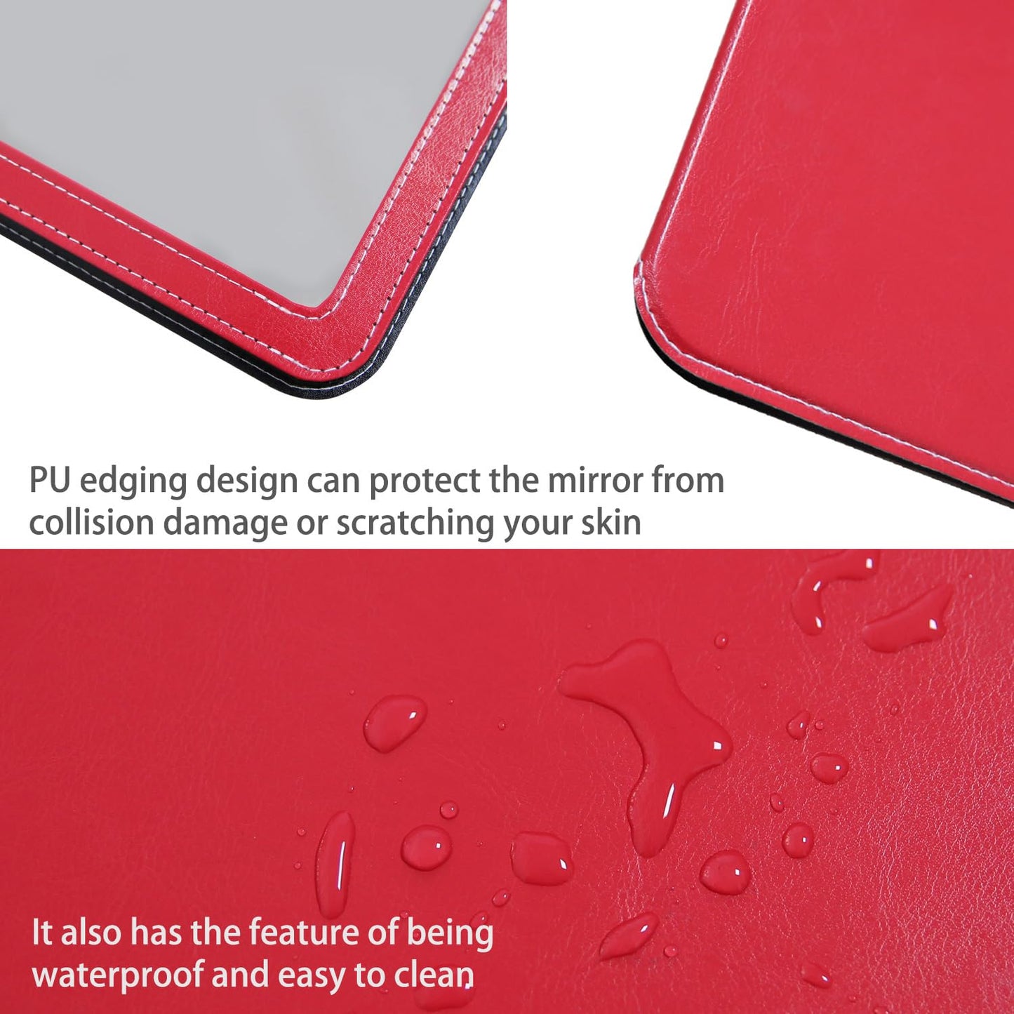 PDOZV Travel Mirror for Desk, 5.3 6.9 Adjustable Rectangle PU Edge Covering Red Foldable Desk Mirror with Stand for Travel C