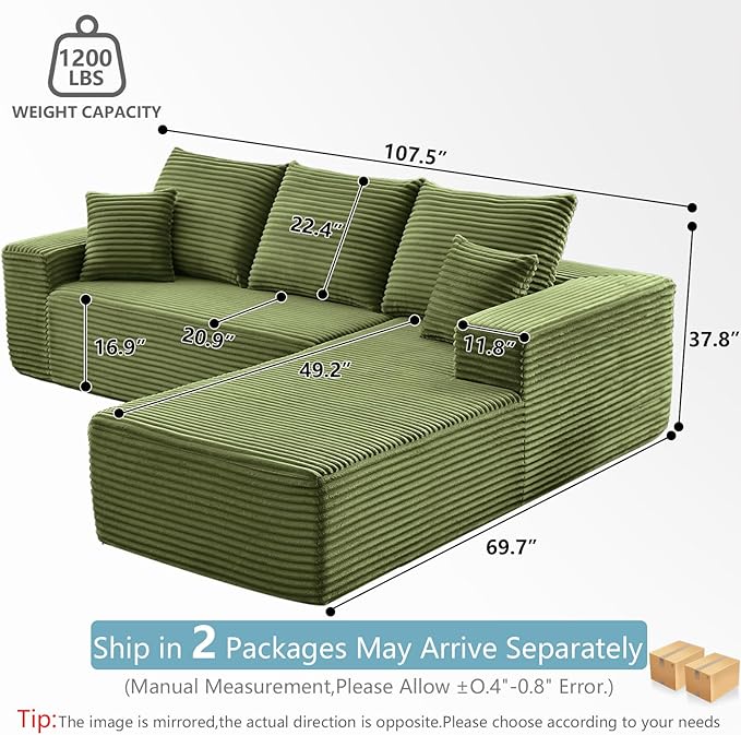 107" W Cloud Sectional Couch with L-Shape Chaise, Modern Corduroy Boneless Couch for Living Room,Memory Foam Sofa with Deep Seat,No Assembly Required (Green,Right-Facing Chaise)