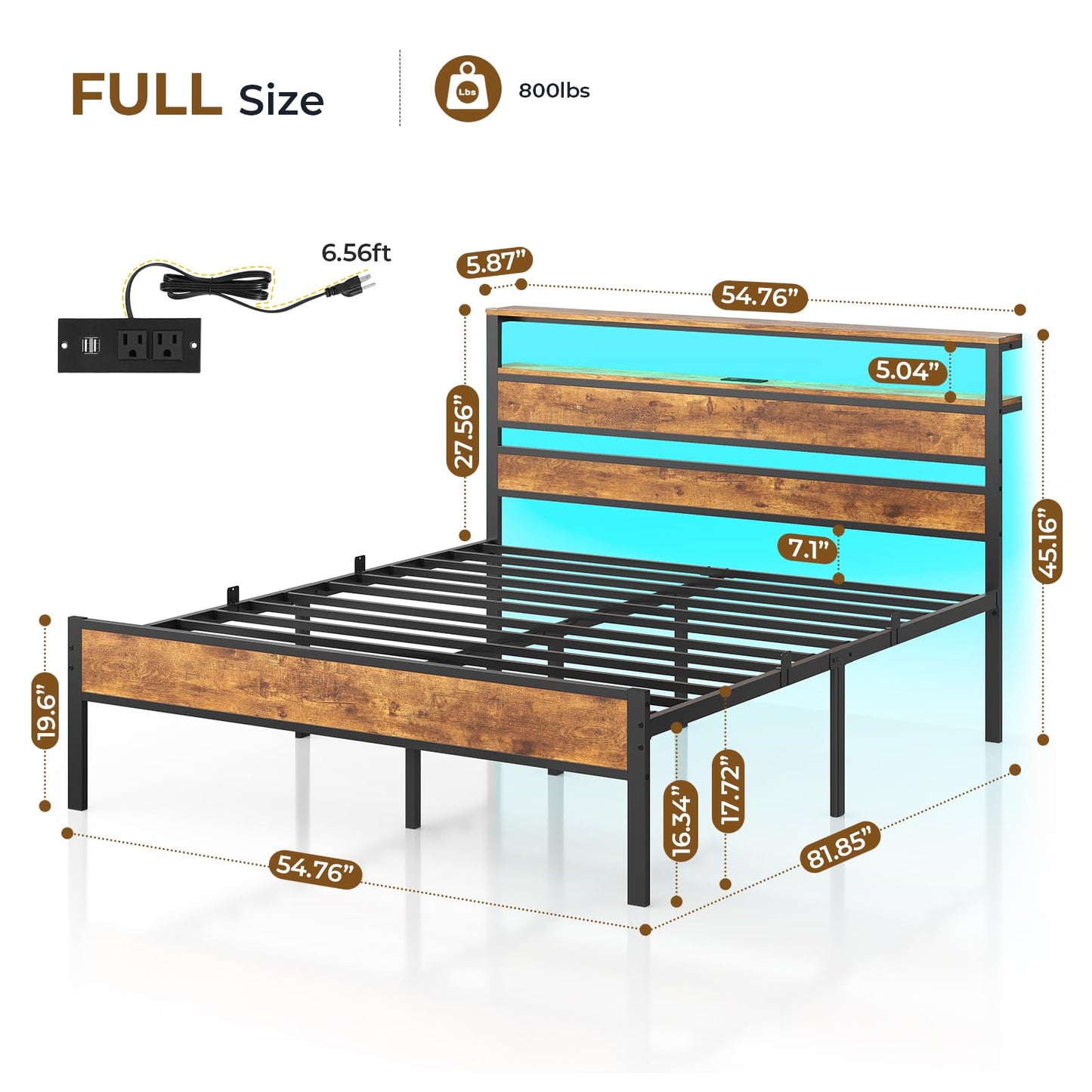Hasuit Full Bed Frame with Headboard, LED Lights and Charging Station, Metal Platform Bed Full Size with Heavy Duty Slats, Under Bed Storage, Fast Assembly, No Box Spring Needed, Noise Free