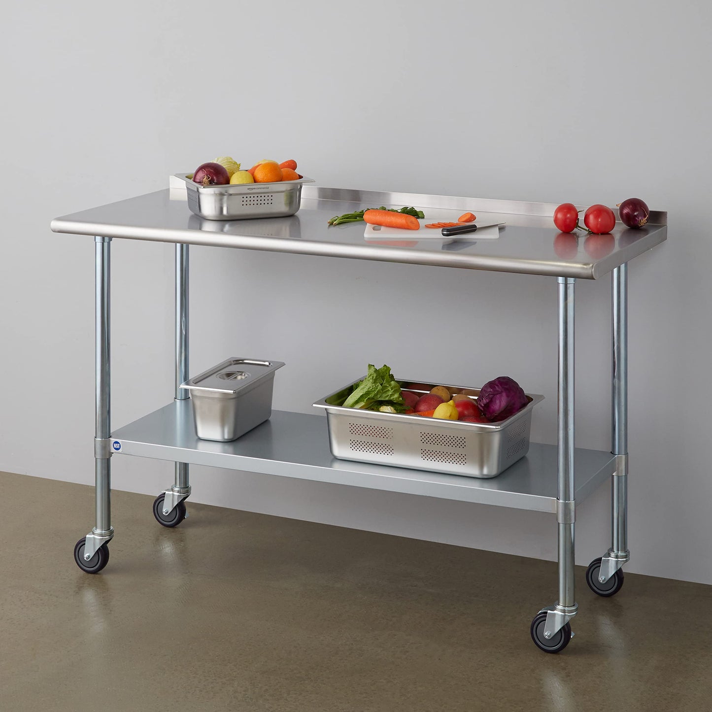 Stainless Steel Table for Prep & Work with Caster & Backsplash 24x60 Inches, NSF Metal Commercial Kitchen Heavy Duty Table with Adjustable Under Shelf and Table Foot for Restaurant, Home and Hotel