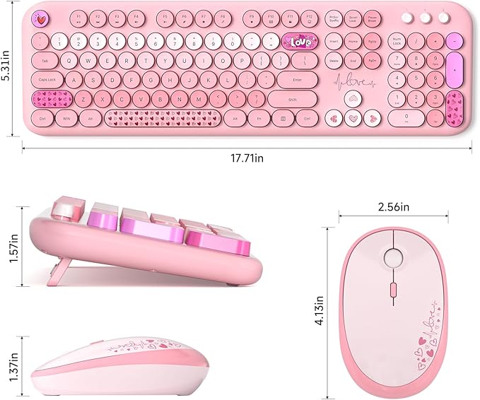 Wireless Keyboard and Mouse, Typewriter Full Size Keyboard with Number Pad and 2 in 1 USB Connected Mouse for Windows 7/8/10, Laptop, Desktop, PC, Computer (Pink Colorful)