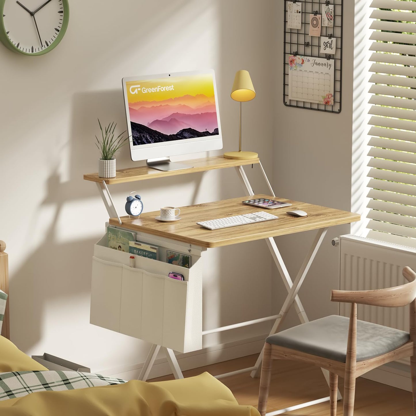 GreenForest Folding Desk for Small Spaces, 31.5 inch Foldable Table with Storage Bag, 2-Tier Portable Computer Desk with Monitor Stand for Home Bedroom, Oak