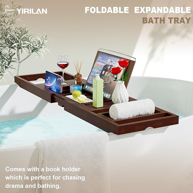 Yirilan Bamboo Bathtub Tray Caddy, 1 or 2 Person Expandable Wooden Bathroom Tray,Bath Tub Table Caddy with Extending, Brown