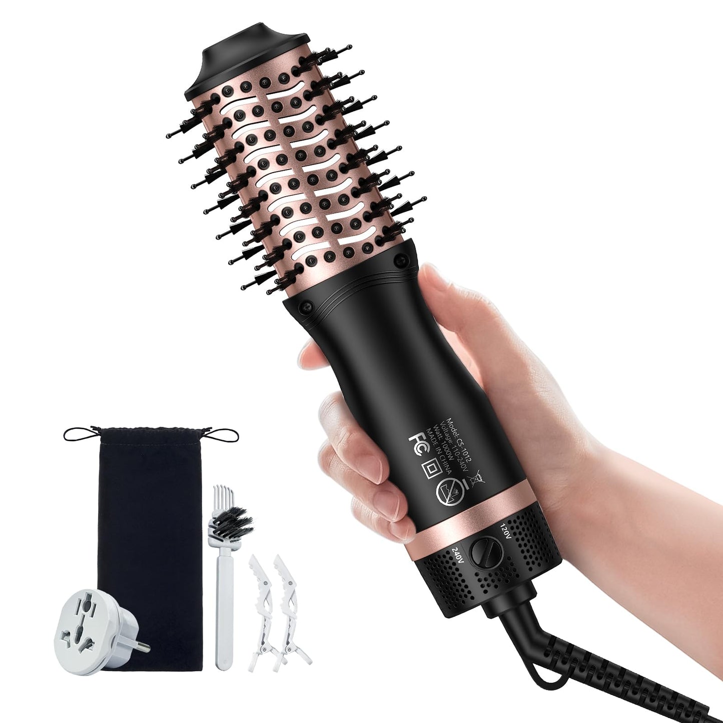slopehill Mini Dual Voltage Hair Dryer Brush,1000 Watts Travel Hot Air Brush with European Plug, Ionic One Step Hair Dryer and S