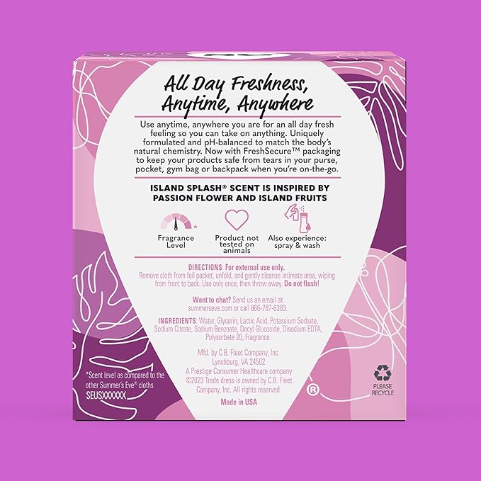 Summer's Eve Island Splash Feminine Wipes, Gentle pH-Balanced Formula Helps Control Vaginal Odor, Individually Wrapped, 12 Wipes