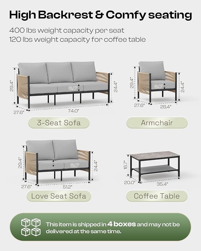 Aluminum Outdoor Patio Furniture Set with Dual-Layer Coffee Table, 5 Piece Modern Patio Conversation Sets with PE Rope, Outdoor Sectional Sofa with Thick Cushions for Balcony, Deck, Gray