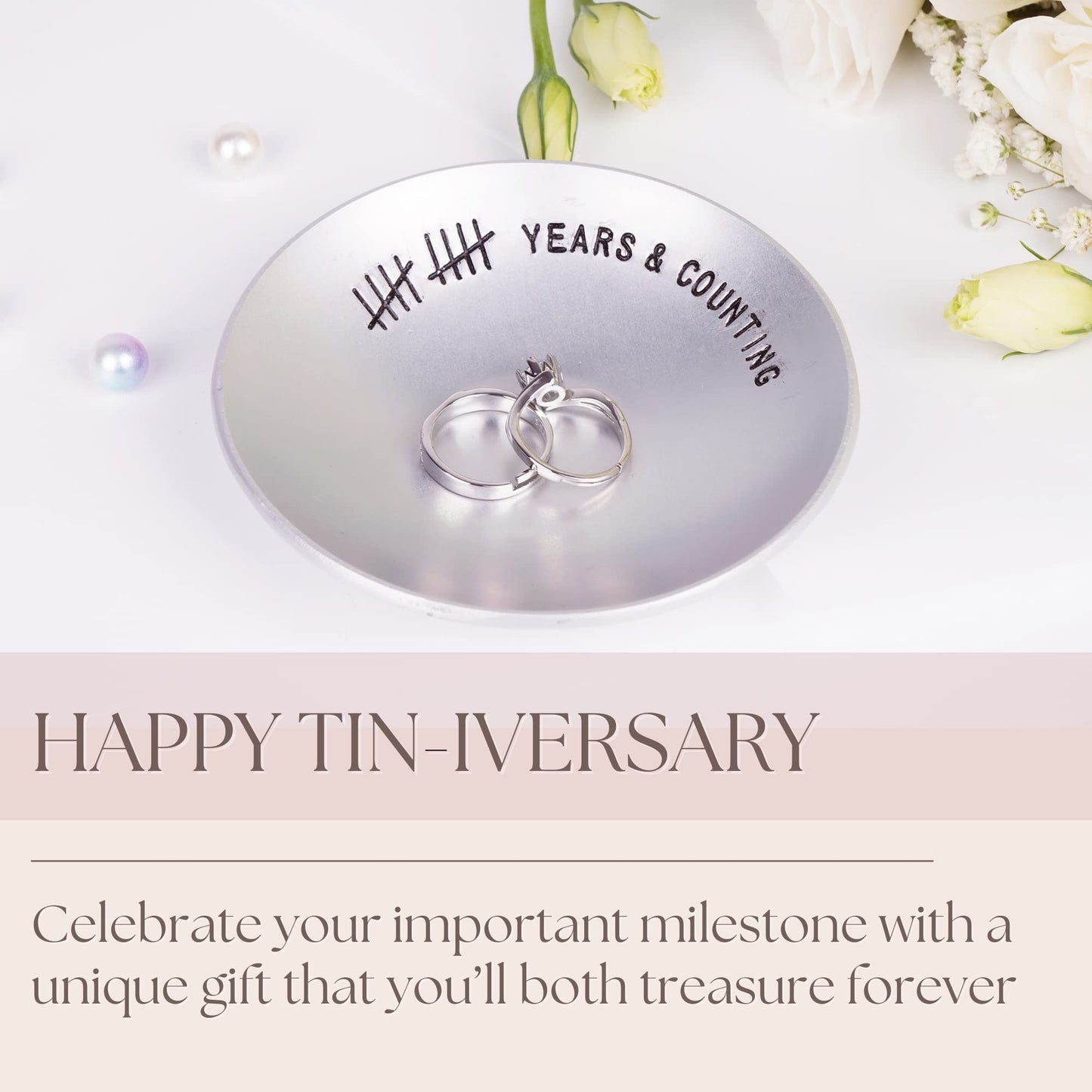PureRejuva 10th Anniversary Tin Gifts – 4 In., Engraved, Aluminum Wedding Ring Holder Dish & Gift Box – 10 Year Wedding Gift for Him & 10 Year Anniversary for Her Smooth Style