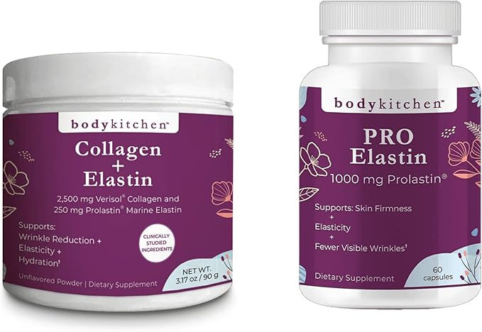Body Kitchen Pro-Elastin & Collagen + Elastin Bundle – Advanced Skin Support for Firmness, Elasticity, Hydration & Healthy Aging – Veggie Caps & Unflavored Powder