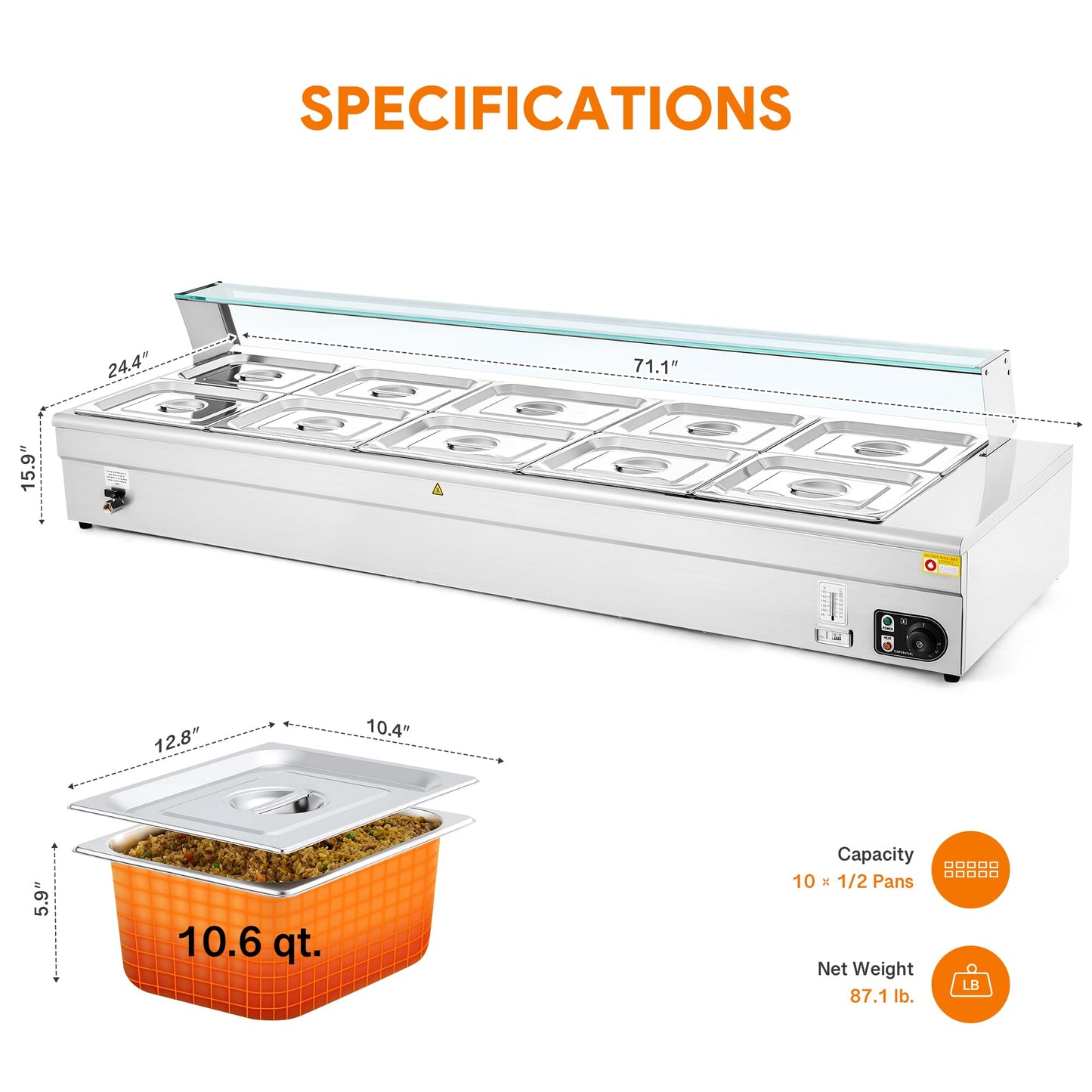 WILPREP 10-Pan Commercial Food Warmer with Sneeze Guard, Ten 1/2 Pans, 1500W Countertop Electric Warmer, 86-185°F Adjustable Temp Control, Stainless Steel Buffet Bain Marie