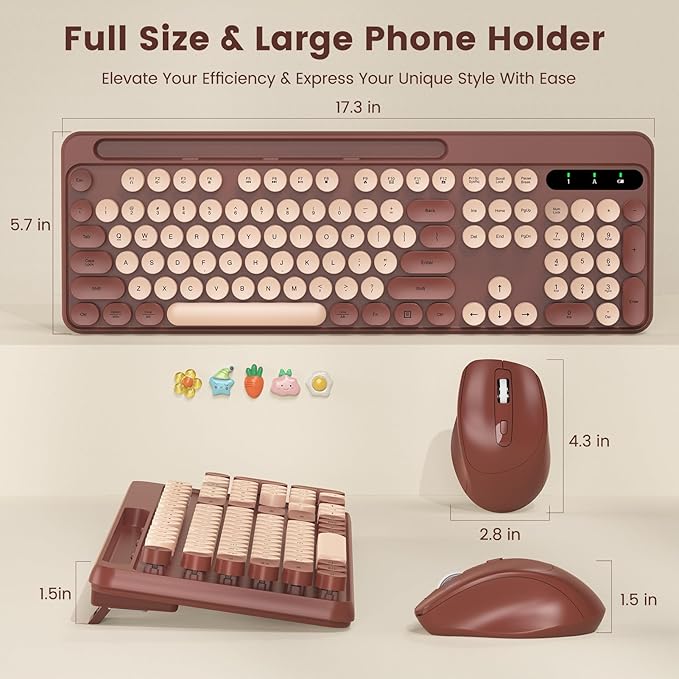 Wireless Keyboard and Mouse Combo, Retro Round Keycaps, Full-Size Stylish Typewriter Keyboard with Phone/Tablet Holder, Ergonomic Mouse with 3-Level DPI, 2.4GHz Connection for Windows/PC (Burgundy)