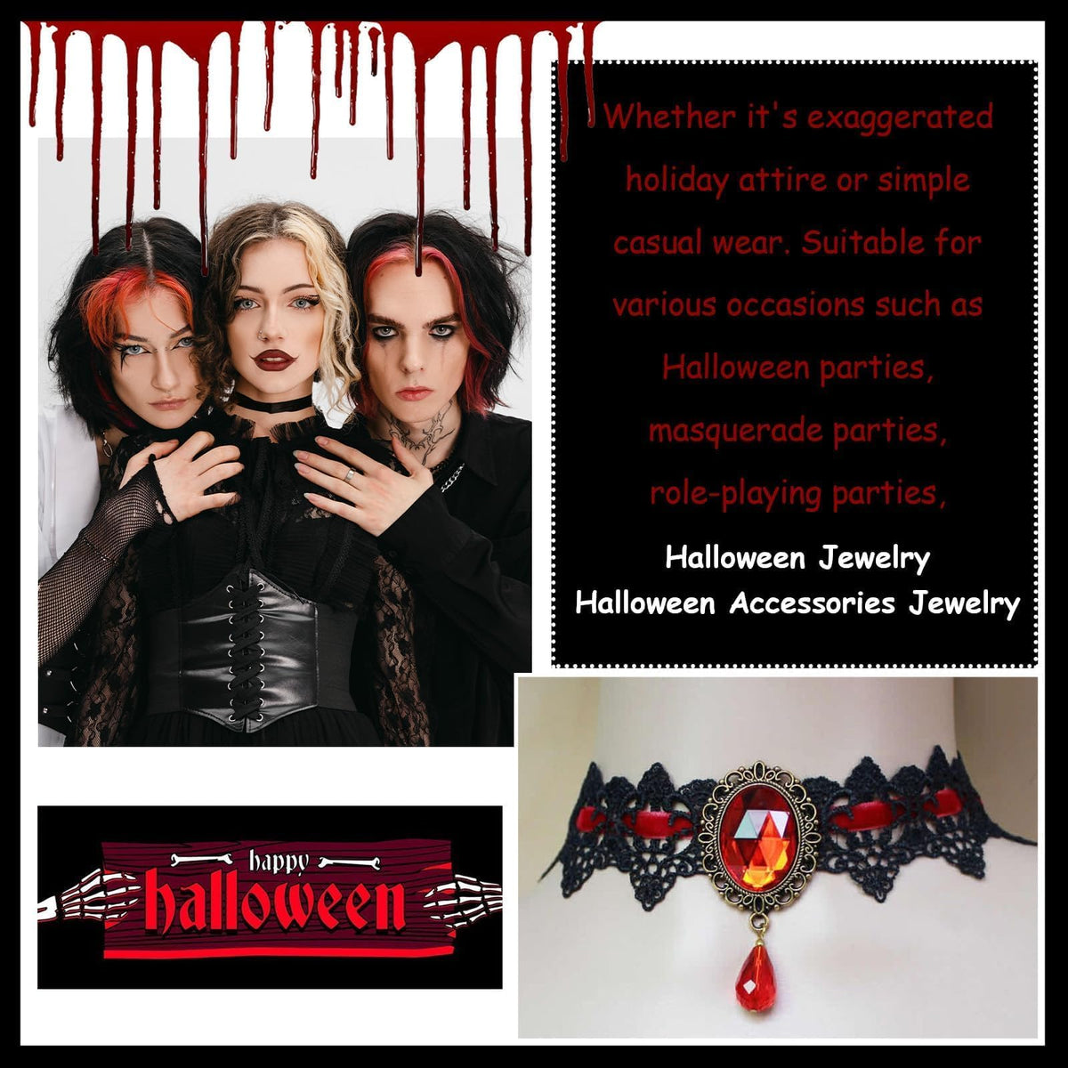 Dcfywl731 Halloween Choker Necklace Bracelet Earrings Set Gothic Black Halloween Costume Accessories Jewelry for Women