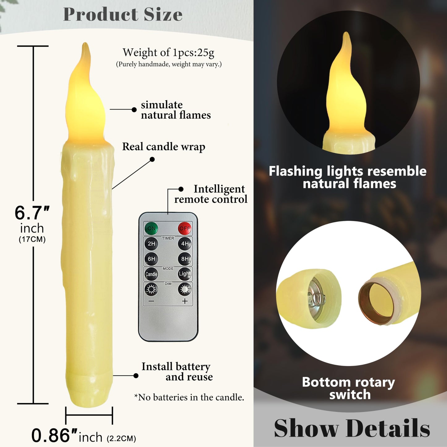 FCMSHAMD Yellow Flameless Short Taper Candles, Real Wax Hand Dipped LED Battery Operated with Remote, Flickering Flame Lights for Festival Home Décor, 6.7 Inch Primitive Flameless Candles, 4PCS