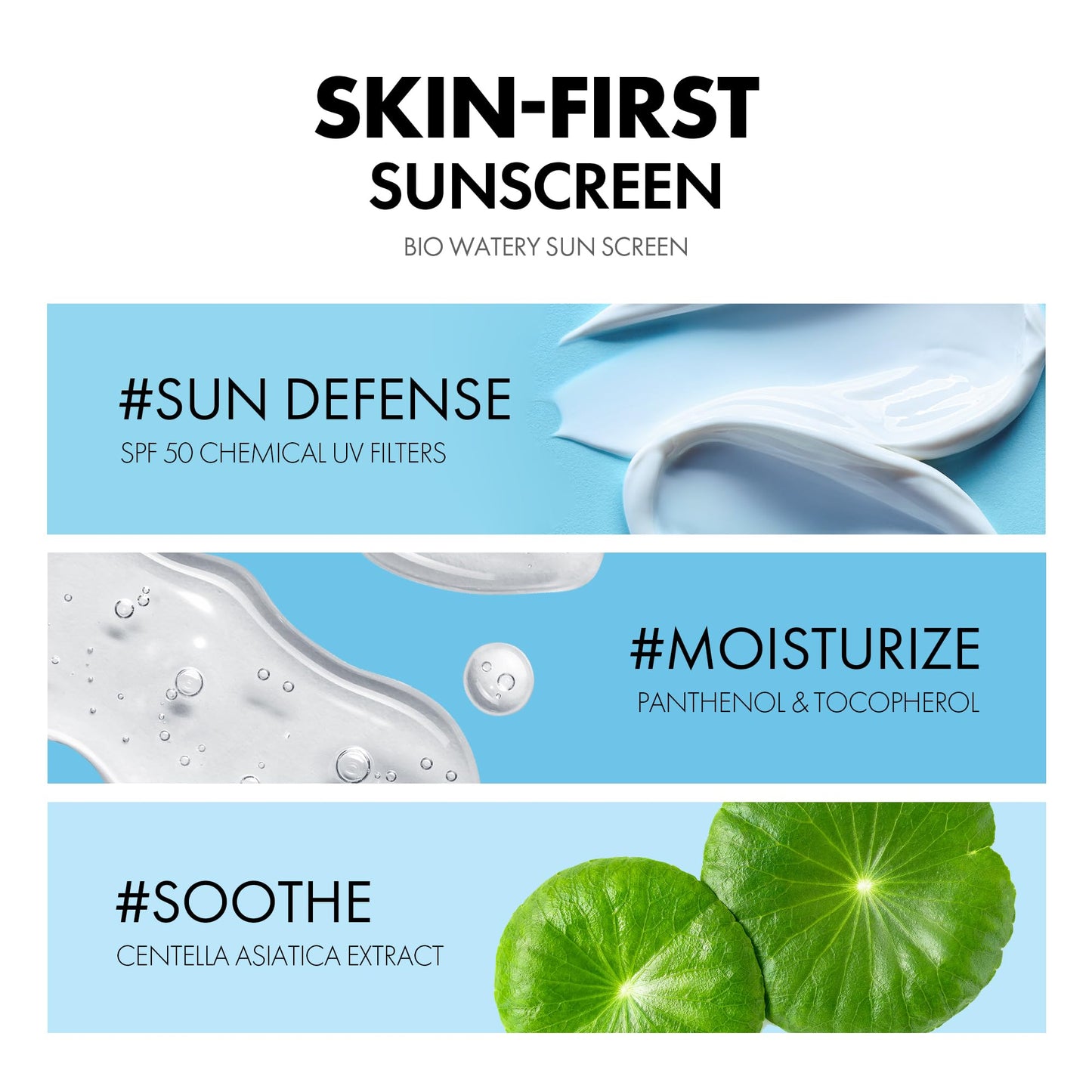 Bio Watery Sunscreen SPF 50 Broad Spectrum Korean Facial Sun Cream with Hyaluronic Acid - Lightweight Daily Face Sunblock Lotion