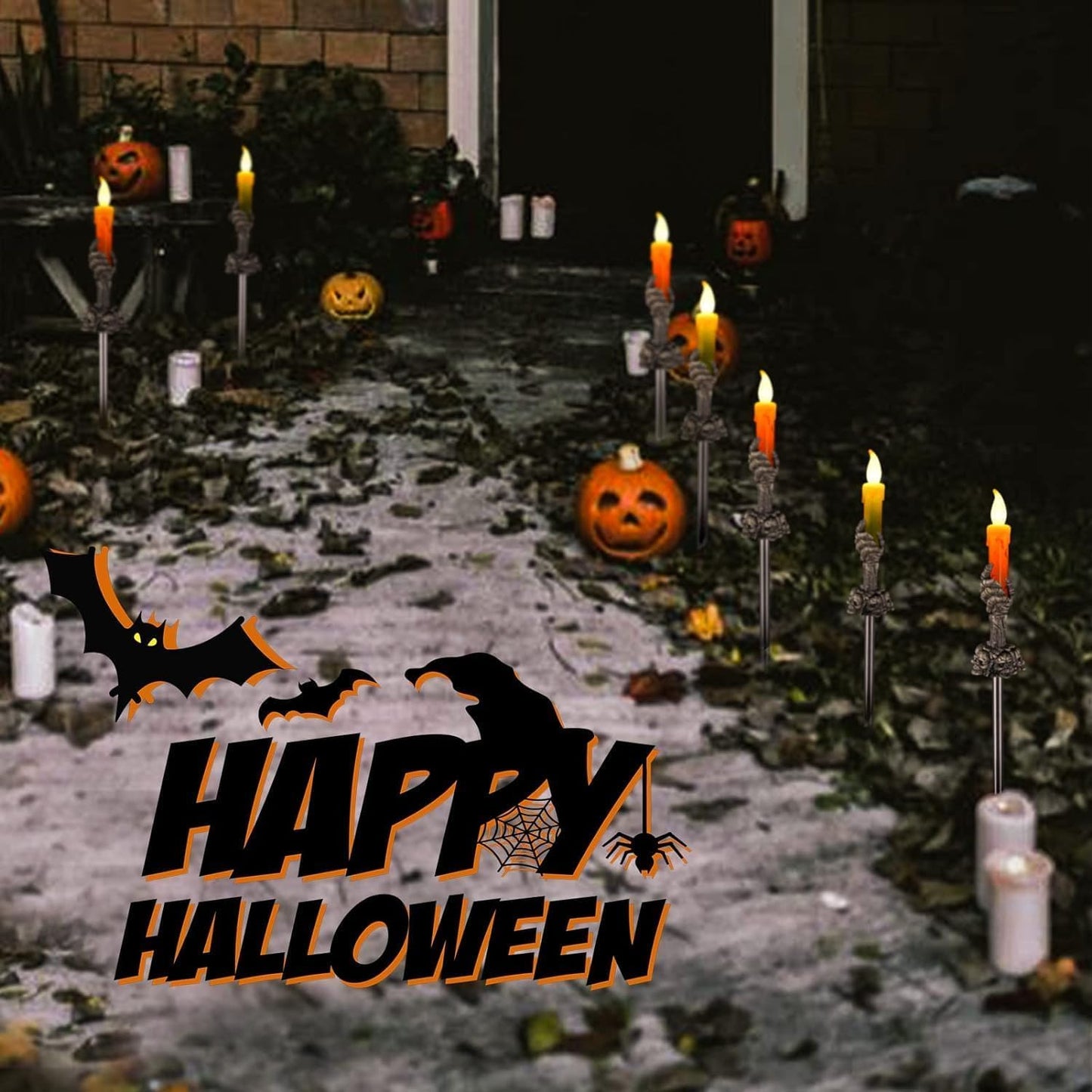 ILLUMINEW Halloween Decorations Outdoor, 5 Pack Solar Pathway Lights, LED Skull Hand Candle Holder, Outdoor Party Home Garden Porch Decor
